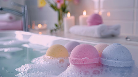 Close-up of colorful bath bombs in a bathtub filled with bubbly water.の素材