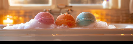 Three colorful bath bombs nestled in a luxurious bathtub filled with foamy water.の素材