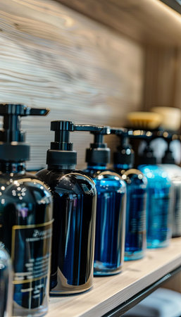 Rows of sleek, black and blue bottles of shampoo and conditioner arranged on a wooden shelf.の素材
