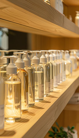 A close-up image of a row of shampoo and conditioner bottles displayed on wooden shelves in a salon setting.の素材