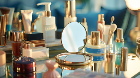 A close-up view of a tabletop mirror surrounded by an array of beautifully arranged cosmetics in a bright, inviting setting.の素材