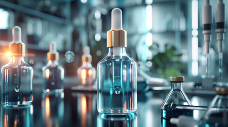 Close-up of glass bottles with dropper tops and blue liquid, in a laboratory setting.の素材