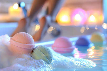 Colorful bath bombs float in a luxurious, bubbly bath.の素材