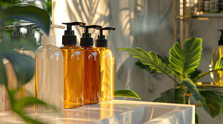 Four sleek bottles of shampoo and conditioner displayed on a white countertop in a contemporary bathroom.の素材