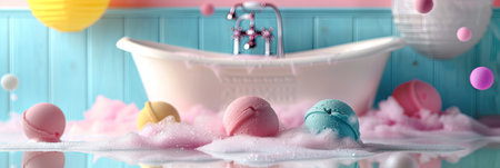 Vibrant bath bombs and fluffy foam in a relaxing bathroom setting.の素材