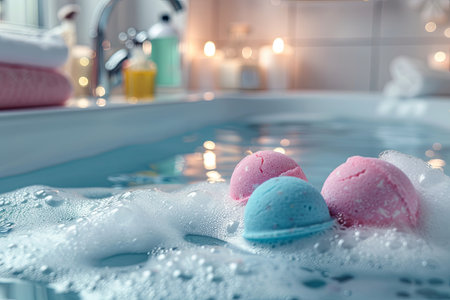 Three colorful bath bombs are floating in a relaxing bubble bath, creating a luxurious and fun experience.の素材
