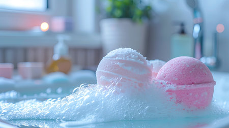 Two bath bombs fizz and create foam in a bathtub.の素材
