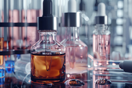 Close-up of glass bottles with serums and droplets in a laboratory setting.の素材
