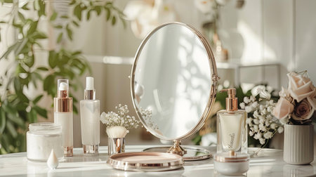 A close-up of a vanity table with a round mirror, surrounded by various cosmetic products.の素材