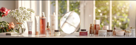A tabletop mirror surrounded by various cosmetic products, showcasing an elegant and organized beauty routine in a bright, sunny room.の素材