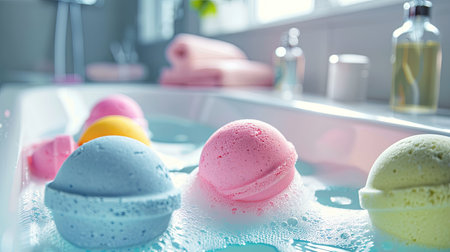 Bath bombs and foam float in a bathtub, creating a relaxing and vibrant spa experience.の素材