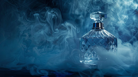 A luxurious, crystal perfume bottle releases a delicate mist against a dark background.の素材