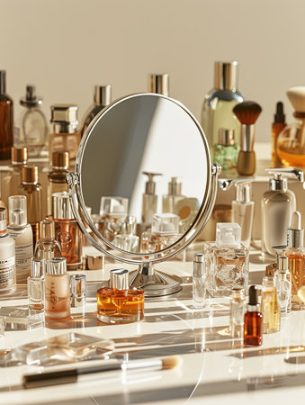 A tabletop vanity mirror surrounded by a variety of cosmetic products.の素材