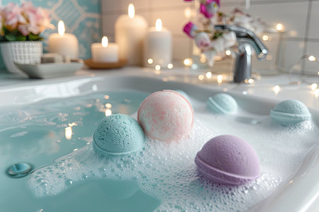 Relaxing bath setting with colorful bath bombs dissolving in a bubbly bath.の素材