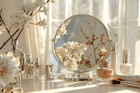 A silver tabletop mirror surrounded by various cosmetic products and a floral arrangement in a bright, elegant room.の素材