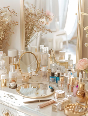 A white vanity table features a gold-trimmed tabletop mirror surrounded by an organized collection of cosmetic products.の素材