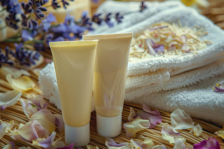 Hand and foot creams set on a bed of soft towels and flower petals.の素材