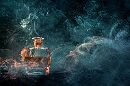 A close-up image of an elegant glass perfume bottle with a delicate mist rising from it, set against a dark background.の素材