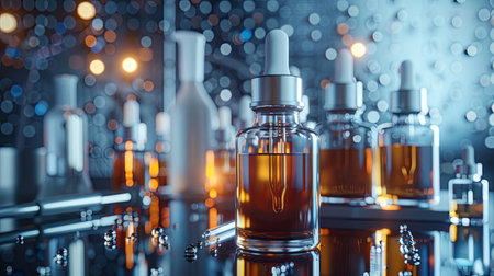 Close-up image of glass bottles filled with serums and droppers.の素材