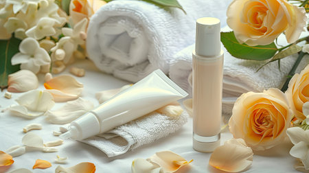 Close-up of two tubes of cream, sitting on a soft towel, with delicate flower petals surrounding them.の素材