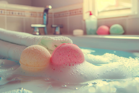 Close-up of colorful bath bombs dissolving in a bathtub filled with white bubbles.の素材