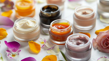 Closeup of various natural skincare creams and masks arranged on a white surface with flower petals.の素材