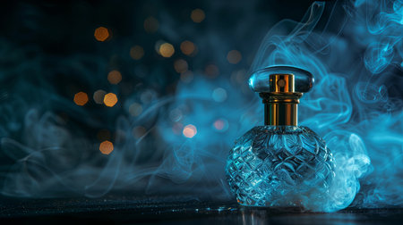 An elegant perfume bottle emits a mist of fragrance against a dark background.の素材