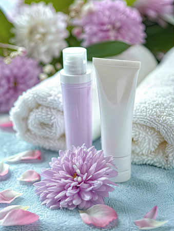 Close-up of two tubes of hand and foot cream on a soft towel, surrounded by delicate flower petals.の素材