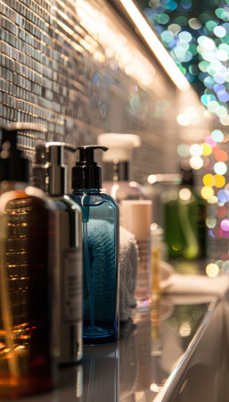 Close-up of stylish bottles of shampoo and conditioner on a countertop in a bathroom setting.の素材