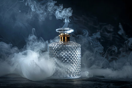 A close-up of a crystal perfume bottle surrounded by wispy mist against a dark background.の素材