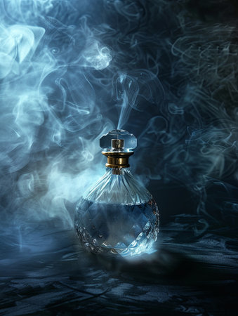 A close-up of a luxurious perfume bottle with smoke rising from it on a dark background.の素材
