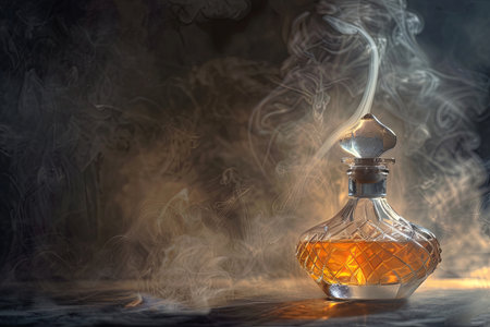 A detailed image of an elegant perfume bottle with a mist of fragrance rising from it.の素材