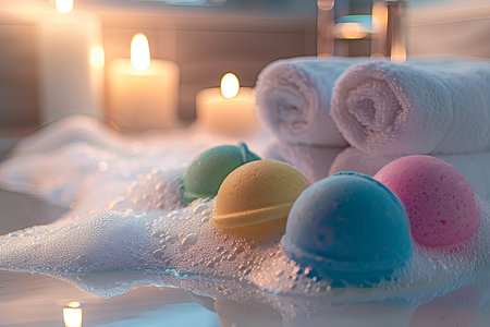 Closeup of colorful bath bombs and foamy bubbles in a relaxing bathroom setting.の素材