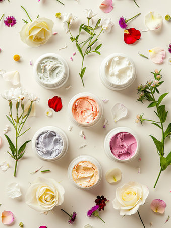 A flat lay featuring six jars of facial cream and masks, adorned with white rose petals and other flowers, on a light background.の素材