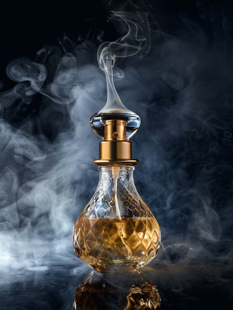 A glass perfume bottle with a golden cap, surrounded by a mist of fragrance on a dark background.の素材