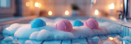 Colorful bath bombs are dissolving in a tub of foamy water, creating a luxurious and relaxing experience.の素材