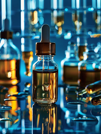 A close-up shot of a glass serum bottle with a dropper, surrounded by other bottles and lab tools.の素材
