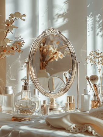 A close-up of a tabletop mirror surrounded by various cosmetic products, capturing a sense of elegant organization and inviting sunlight.の素材