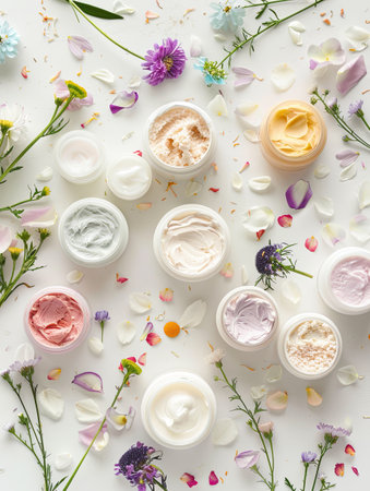 An overhead view of various face masks and creams in jars arranged on a white background, surrounded by flower petals.の素材
