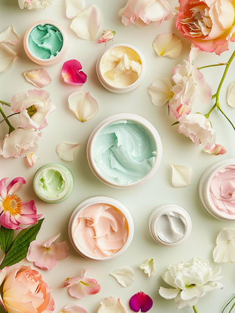 A close-up image showing an assortment of face masks and creams in jars, adorned with flower petals on a light background.の素材
