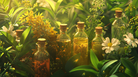 Close-up image of six glass bottles filled with plant oils and extracts, surrounded by lush green foliage and blooming flowers, showing a natural and organic setting.の素材