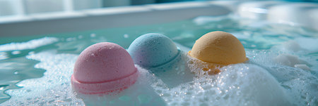 Three vibrant bath bombs float in a bubbly bath.の素材
