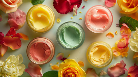 An overhead view of various face masks and creams in jars, surrounded by rose petals.の素材