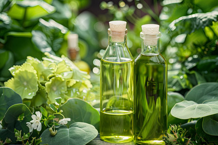Two glass bottles filled with green plant oils sit among vibrant green foliage, showing the natural and organic origin of the extracts.の素材