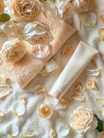 Tubes of hand and foot cream on a bed of soft towels and rose petals.の素材