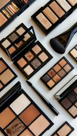 A close-up shot of various makeup palettes and brushes on a white surface.の素材
