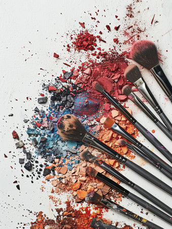 Various makeup brushes covered in eyeshadow and blush on a white background.の素材