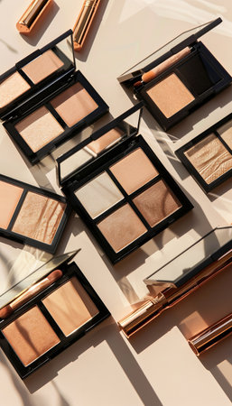 A flat lay showing a collection of contouring palettes and highlighters arranged on a light background.の素材