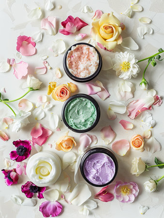 A flat lay image of natural skincare products, including face masks and creams, arranged with flower petals on a white background.の素材