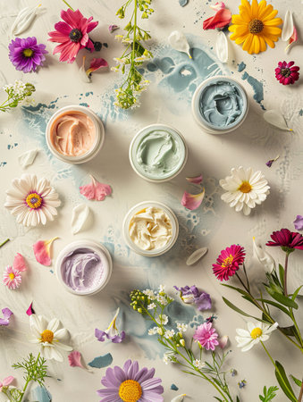 Face masks and creams arranged with flower petals on a white background.の素材